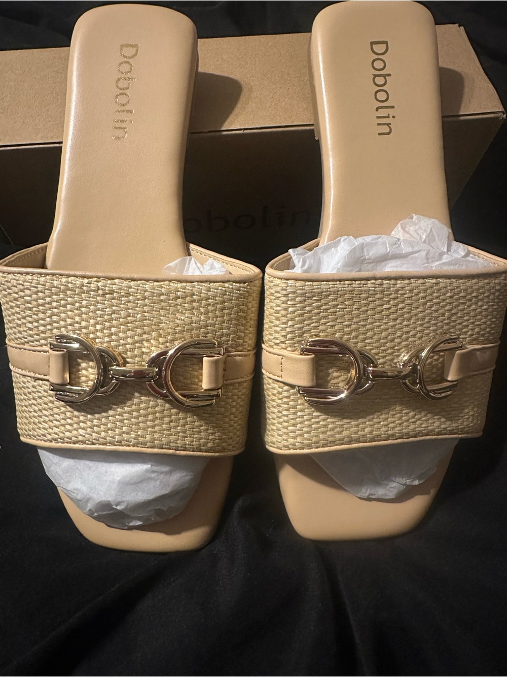 Women’s Size 8W Slip On Flats Dressy Square Toe Tan + Gold Accent NEW